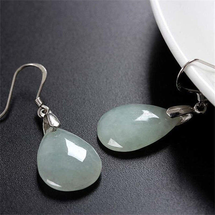 925 Sterling Silver Jade Water Drop Luck Dangle Earrings