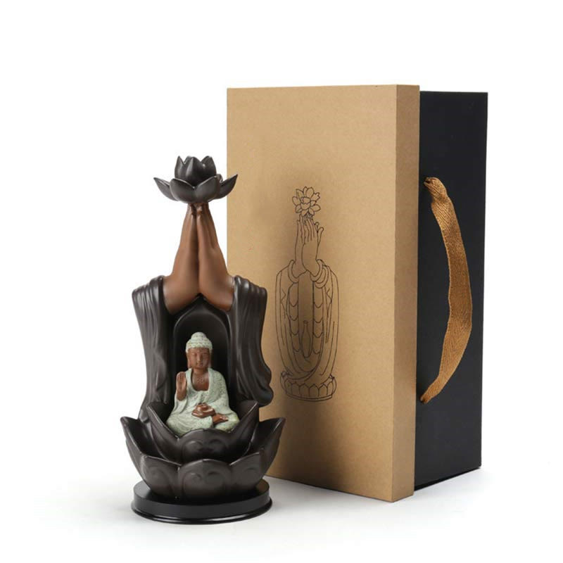 Buddha Avalokitesvara Chenrezig Ksitigarbha Ceramic Lotus Blessing Backflow Incense Burner