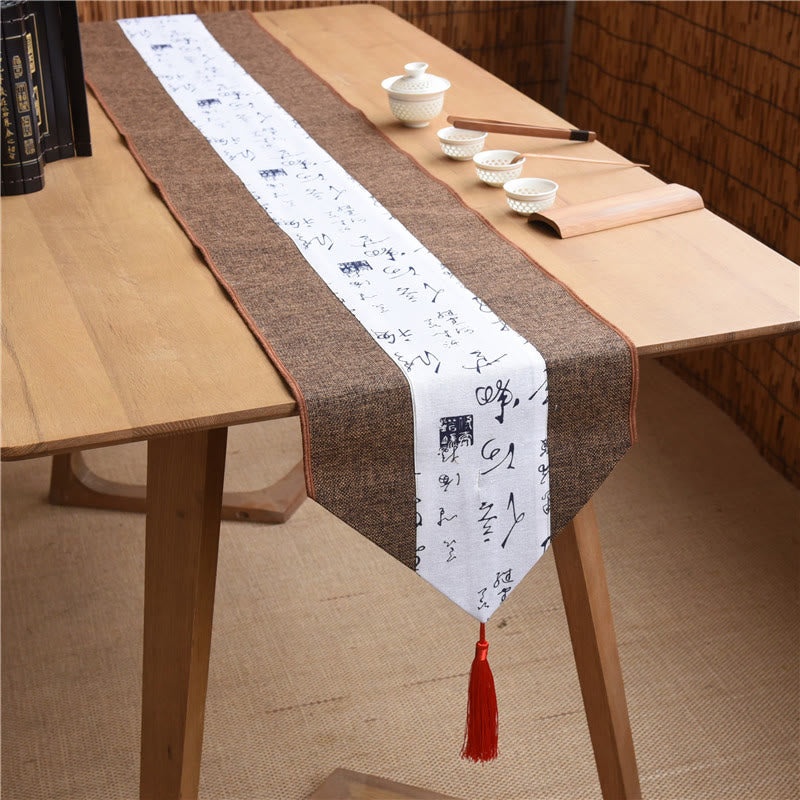 Buddha Stones Classic Chinese Style Lotus Koi Fish Flower Crane Calligraphy Enlightenment Cotton Linen Tassels Table Runner