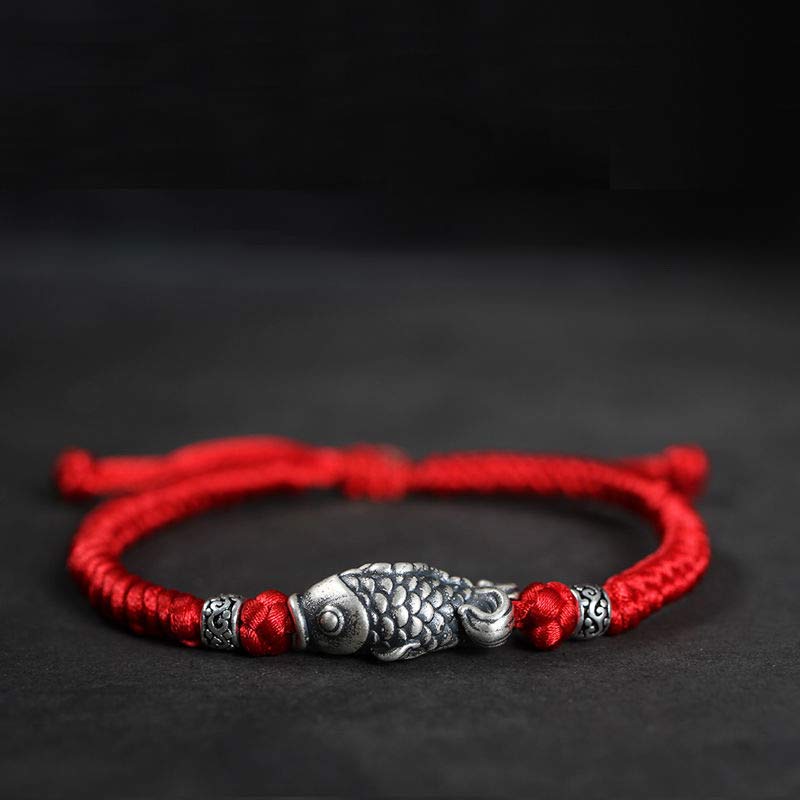 Buddha Stones Silver Luck Koi Fish Braided String Bracelet