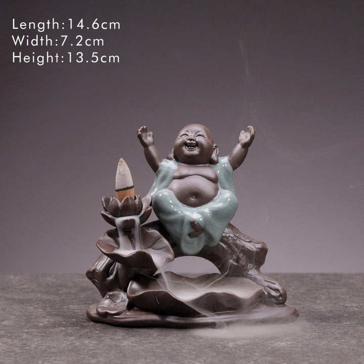 Buddha Stones Little Monk Ceramic Lotus Blessing Incense Burner Decoration