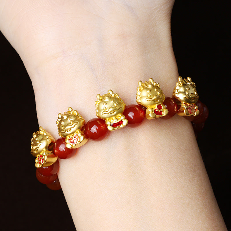 Buddha Stones Year of the Dragon Natural Red Agate Copper Coin Fu Character Protection Bracelet