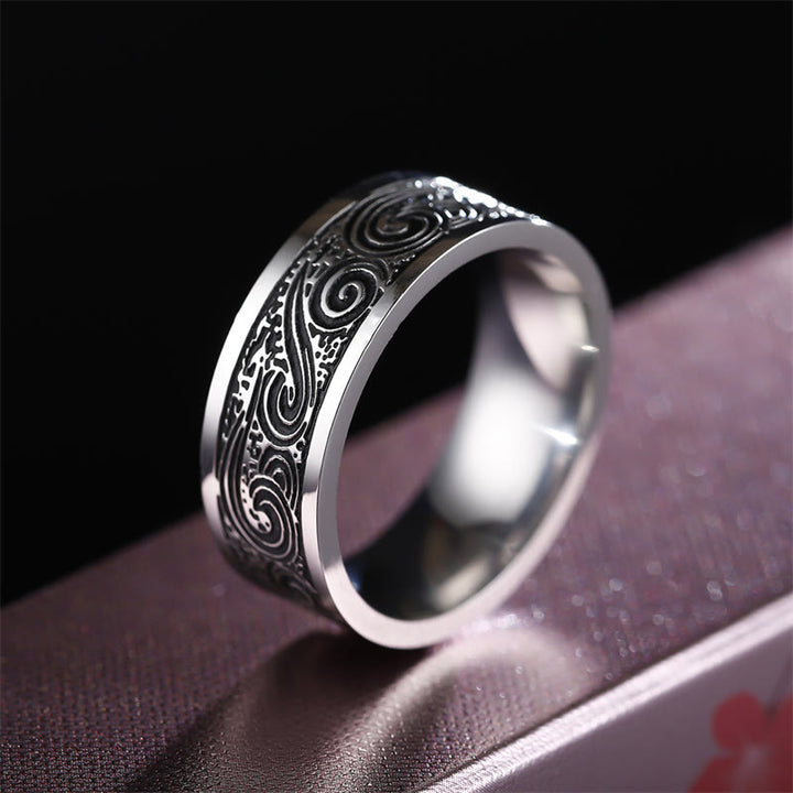 Vintage Wave Auspicious Clouds Engraved Pattern Titanium Steel Balance Ring