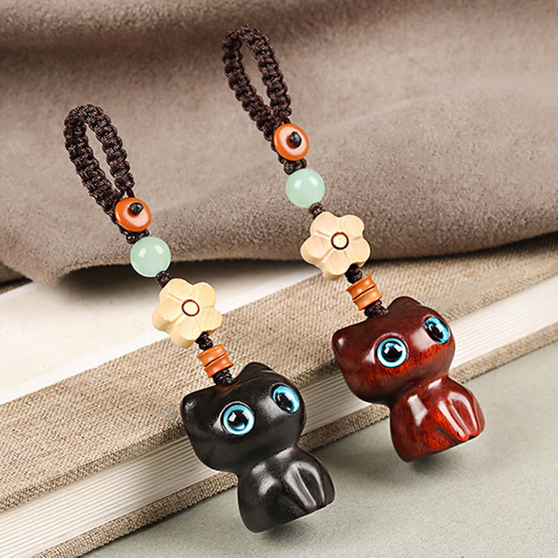 Buddha Stones Mini Small Leaf Red Sandalwood Ebony Wood Lucky Cat Lovely Kitty Peace Key Chain Phone Hanging Decoration