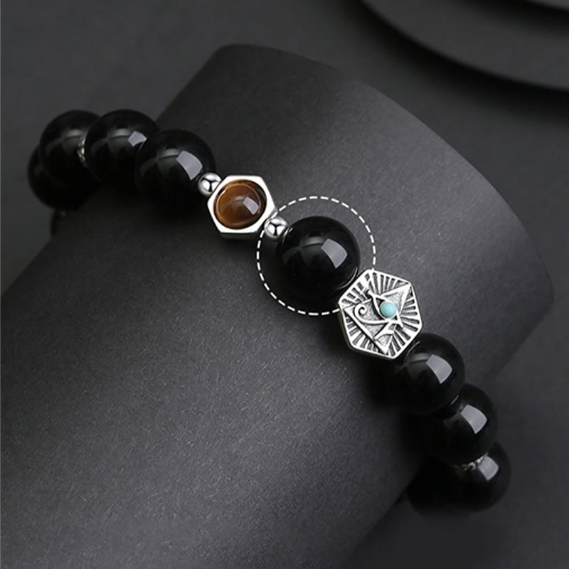 Buddha Stones 925 Sterling Silver Black Obsidian Tiger Eye Eye of Providence Purification Bracelet