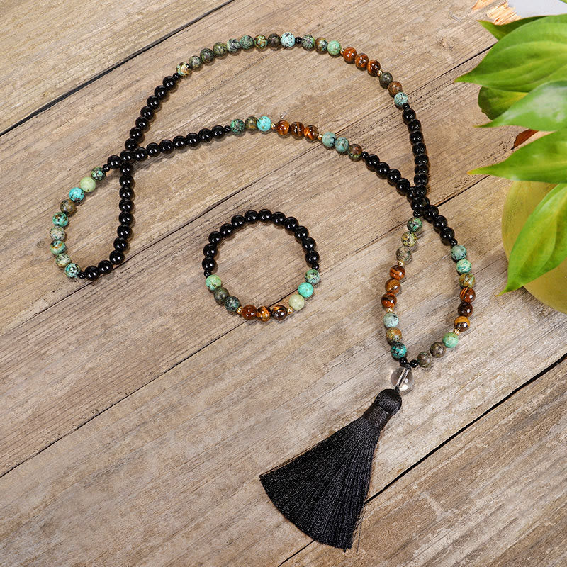 108 Mala Beads Natural Stone Tiger Eye Turquoise Protection Strength Bracelet Necklace