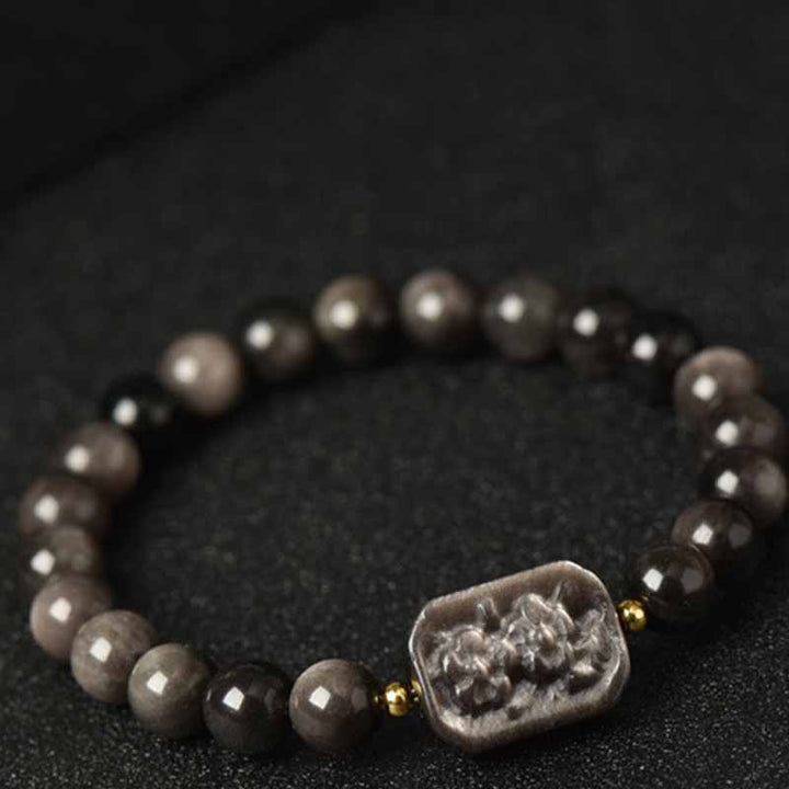 Buddha Stones Silver Sheen Obsidian Lotus Flower Nine Tailed Fox Laughing Buddha Protection Bracelet