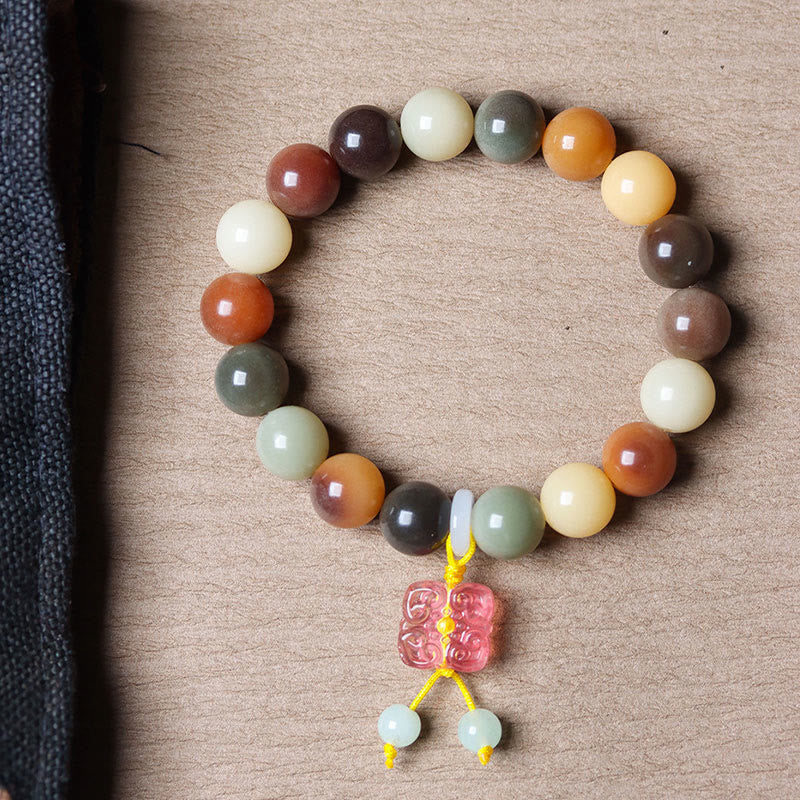 Buddha Stones Natural Multicolored Gradient Bodhi Seed Liuli Glass Charm Peace Bracelet