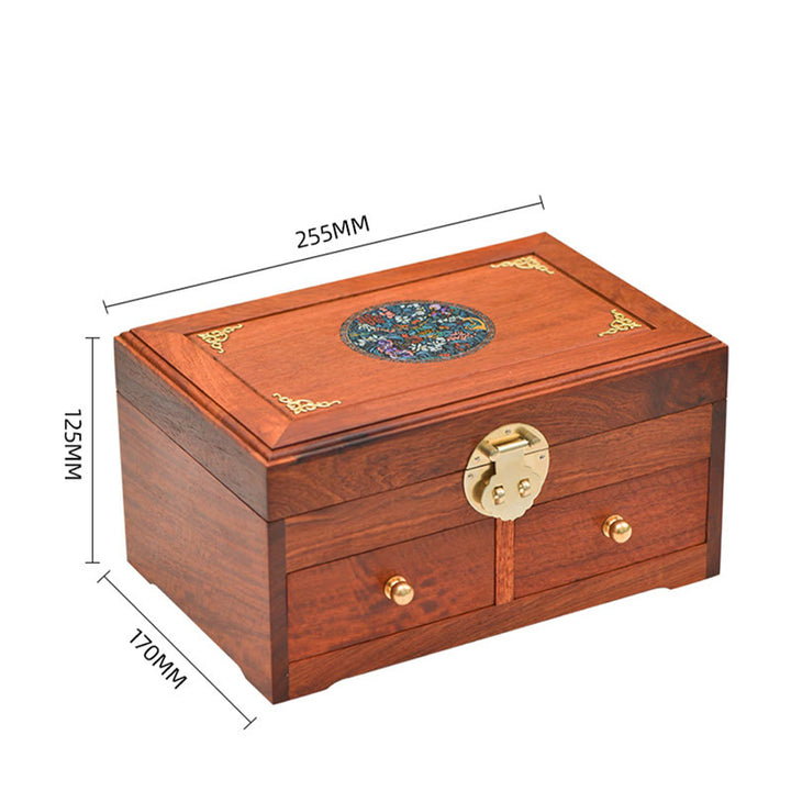 Antique Handmade Rosewood Jewelry Storage Box Lockable Large Double Layer Flower Wooden Gift Organizer Box