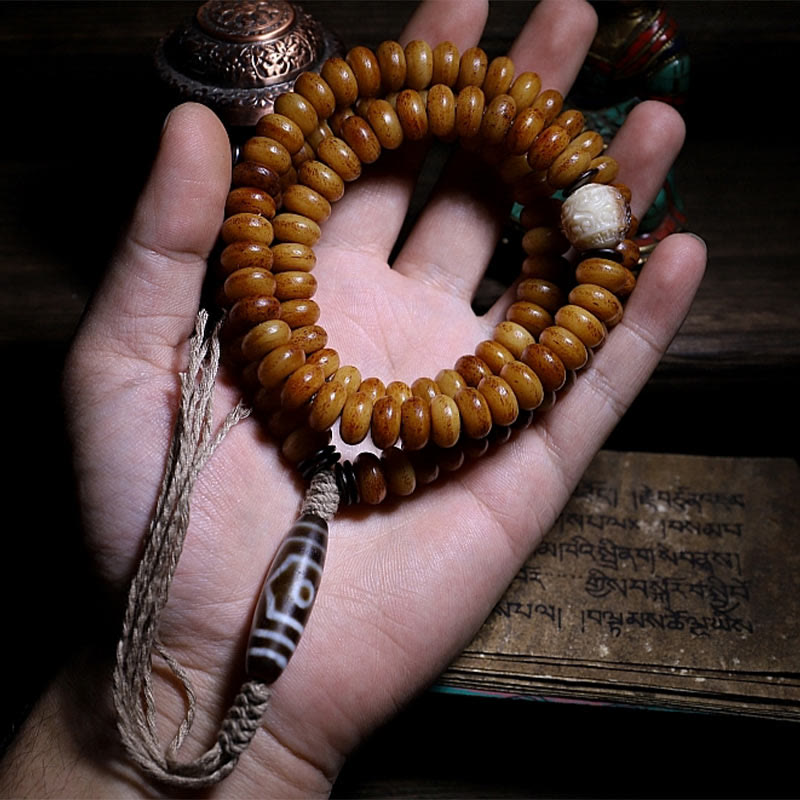 Buddha Stones Tibet 108 Mala Beads Yak Bone Three-eyed Dzi Bead Keep Away Evil Spirits Bracelet