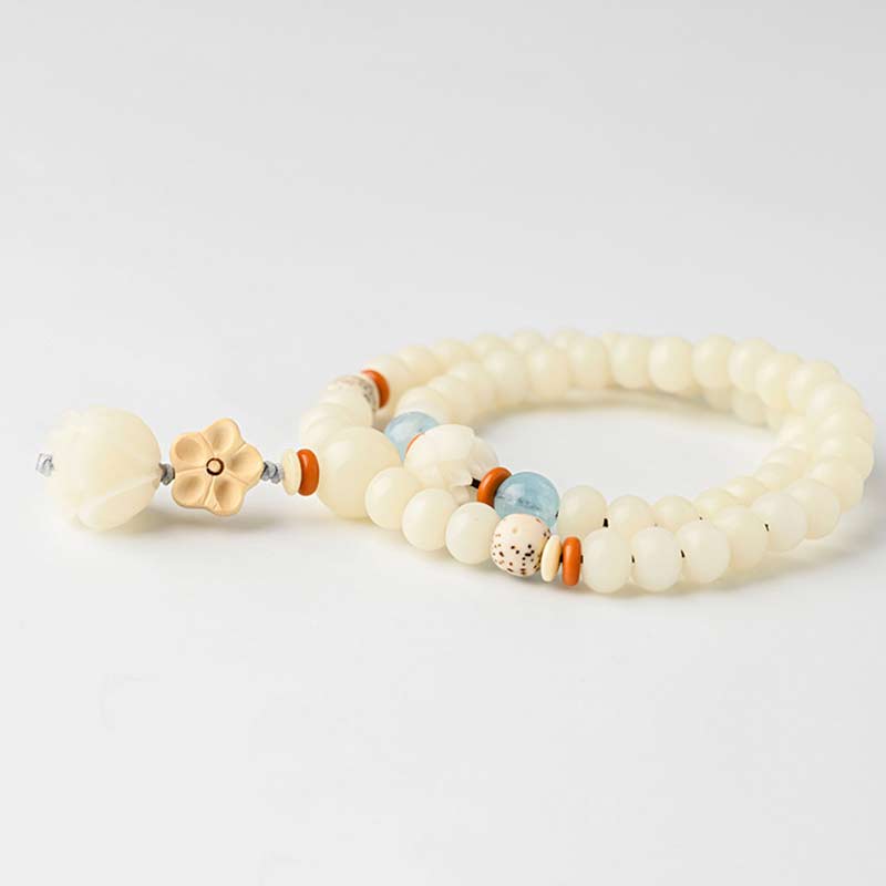 Buddha Stones Tibetan White Jade Bodhi Lotus Blessing Bracelet