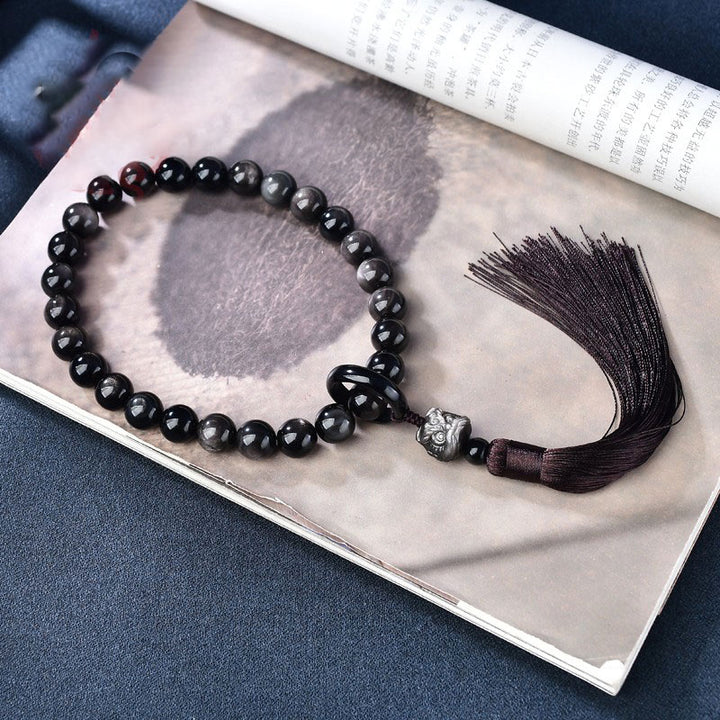 Natural Silver Sheen Obsidian Lion Wrist Mala Protection Tassels Pocket Mala Car Decoration