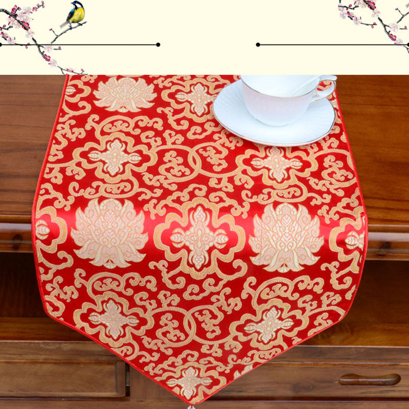 Prayer Altar Flower Vajra Dragon Pattern Tibetan Auspicious Symbols Tassels Jacquard Table Runner