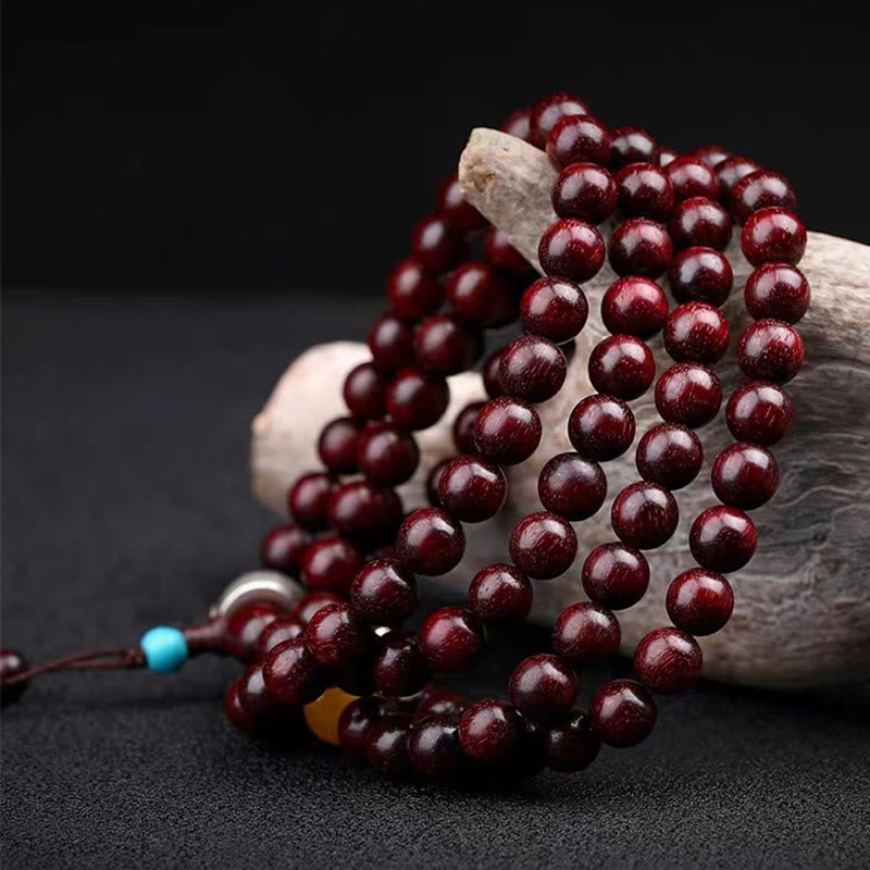 Buddha Stones 108 Mala Beads Chinese Zodiac Natal Buddha Small Leaf Red Sandalwood Gray Jade Protection Bracelet