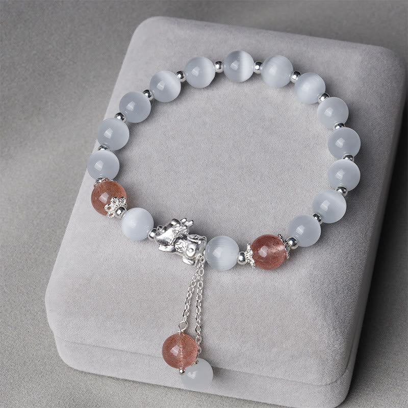 Buddha Stones Natural Cat's Eye Moonstone Strawberry Quartz PiXiu Support Bracelet