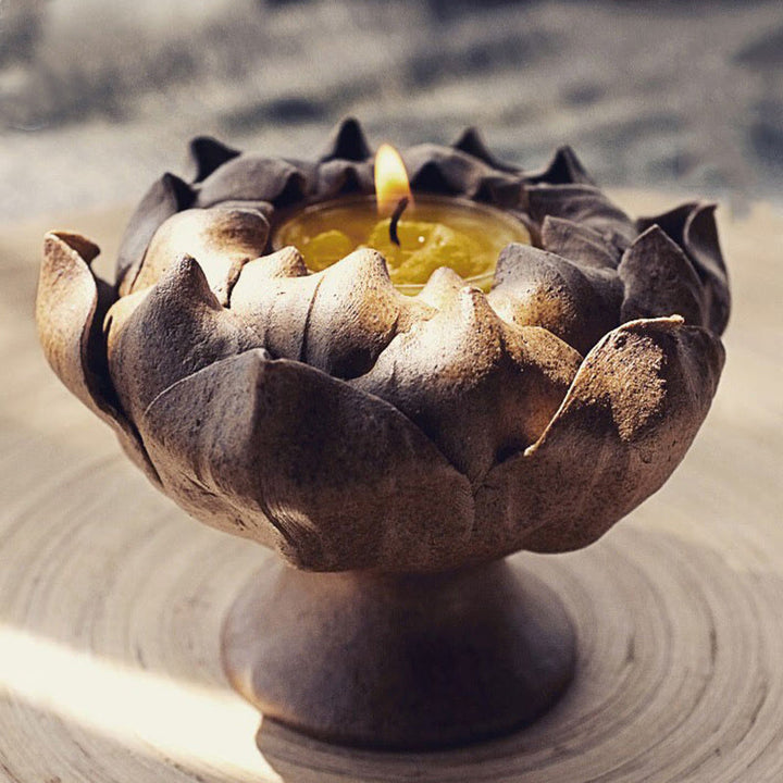 Buddha Stones Lotus Flower Ceramic Candle Holder Incense Burner Home Offering Decoration