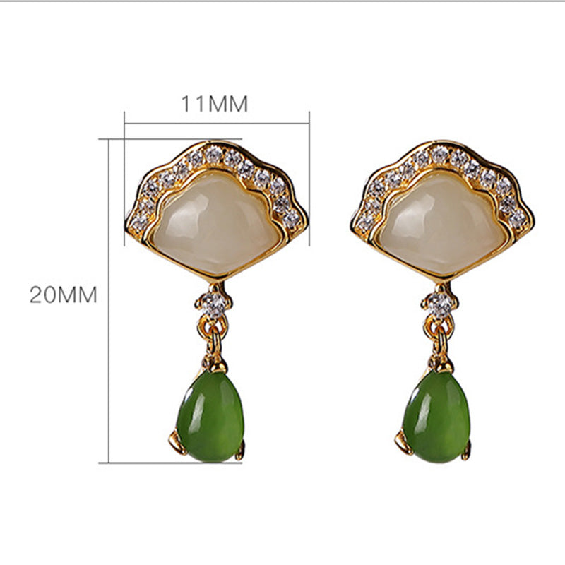 Buddha Stones White Jade Cyan Jade Fan Water Drop Pattern Luck Drop Earrings