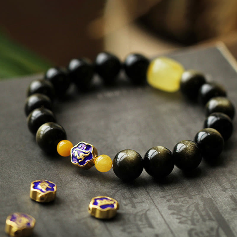 Buddha Stones 925 Sterling Silver Chinese Zodiac Natal Buddha Natural Gold Sheen Obsidian Amber Wealth Protection Bracelet