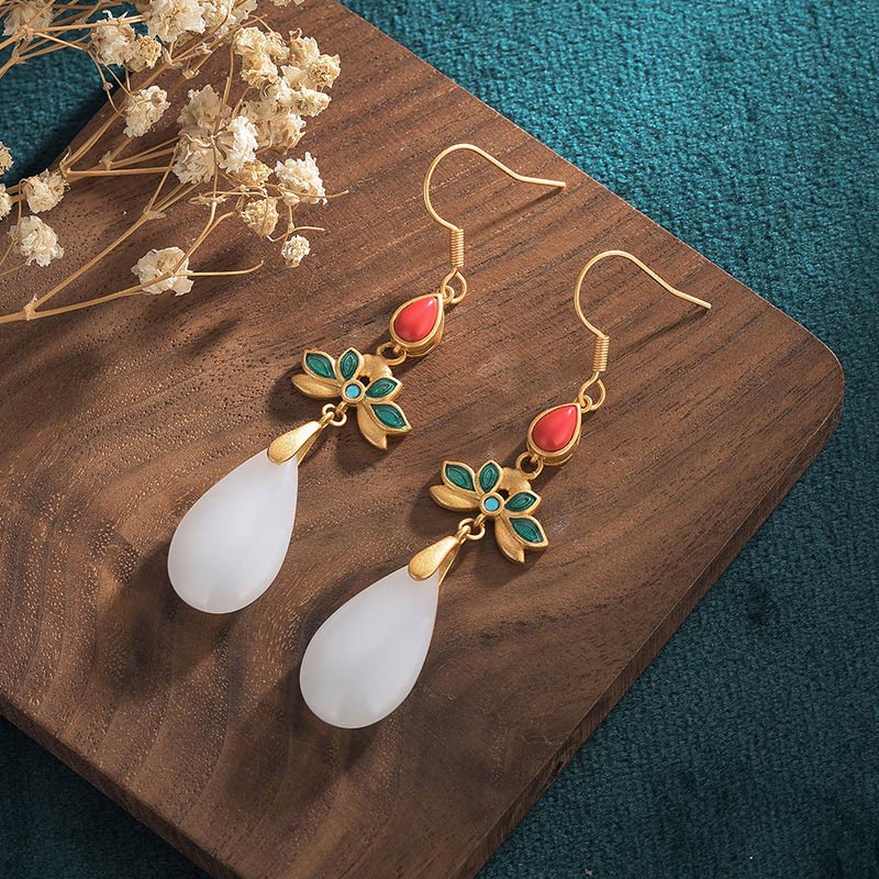 Buddha Stones FengShui White Jade Luck Drop Earrings