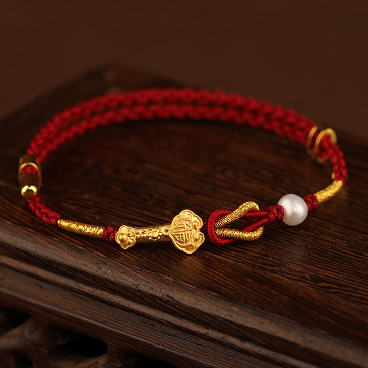 Buddha Stones 24K Gold Wish Ruyi Handle Fu Character Rabbit Pearl Luck Braided Bracelet