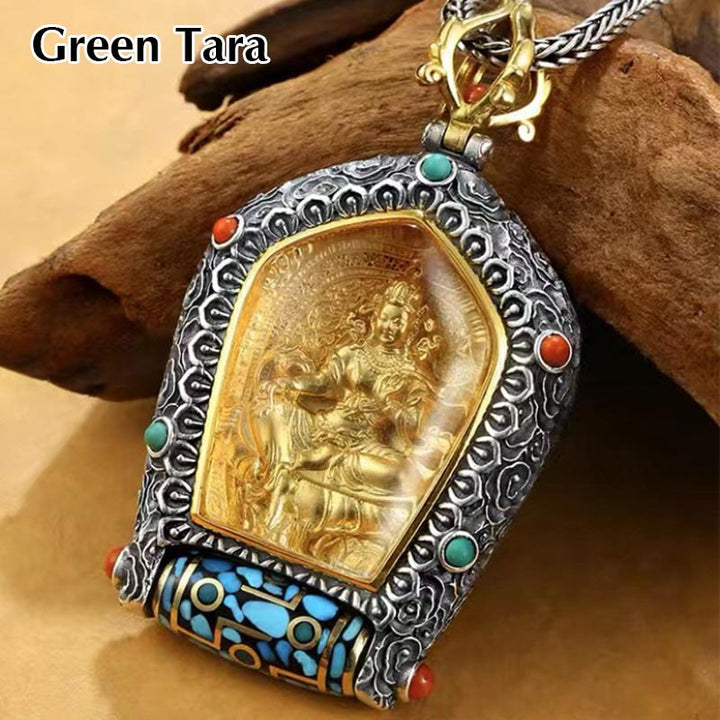 Tibet Chinese Zodiac Natal Buddha Thangka Prosperity Rotatable Dzi Bead Necklace Pendant