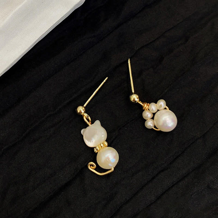 Buddha Stones Cute Cat Paw Pearl Wisdom Stud Drop Earrings