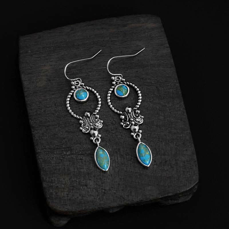 925 Sterling Silver Vintage Turquoise Waterdrop Pattern Balance Drop Dangle Earrings