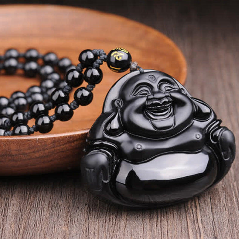 Buddha Stones Laughing Buddha Black Obsidian Transformation Pendant Necklace