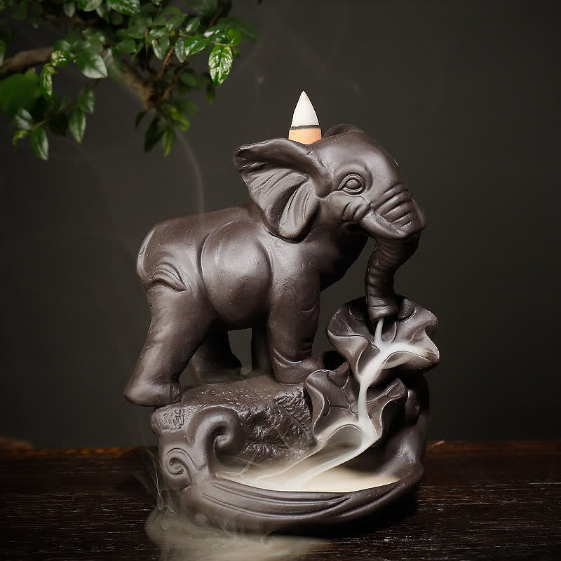 Tibetan Elephant Purple Clay Backflow Smoke Fountain Peace Healing Incense Burner Decoration