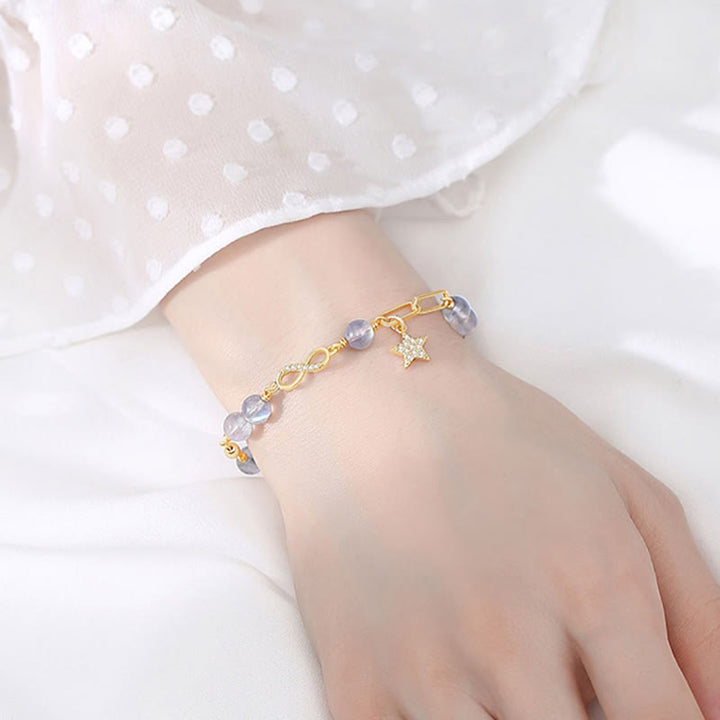 Buddha Stones 14K Gold Plated Natural Strawberry Quartz Moonstone Möbius Loop Eternal Love Star Positive Bracelet