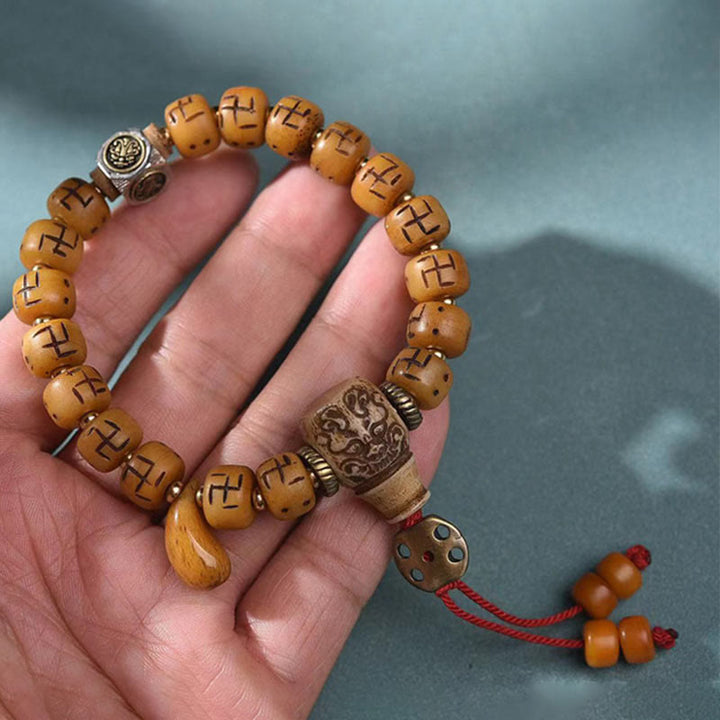 Buddha Stones Natural Tibetan Camel Bone Swastika Dzi Bead Shankha Buddha Charm Kirtimukha Luck Protection Tassel Bracelet