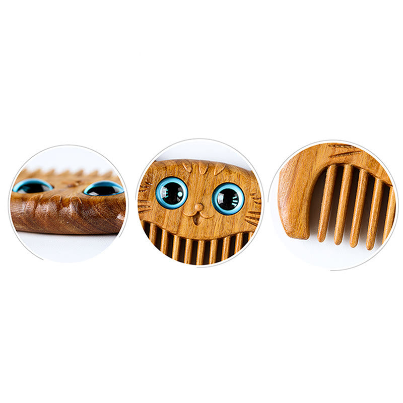 Simple Cat Pattern Green Sandalwood Cure Portable Comb