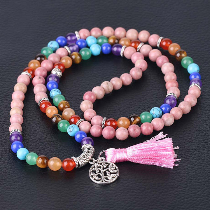 Buddha Stones 108 Mala Beads Rhodonite Blue Crystal Lazulite Healing Bracelet