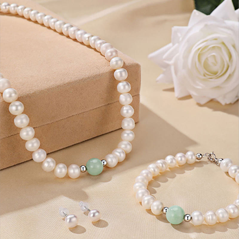 Buddha Stones 925 Sterling Silver Natural Pearl Jade Healing Necklace Bracelet Earrings With Gift Box