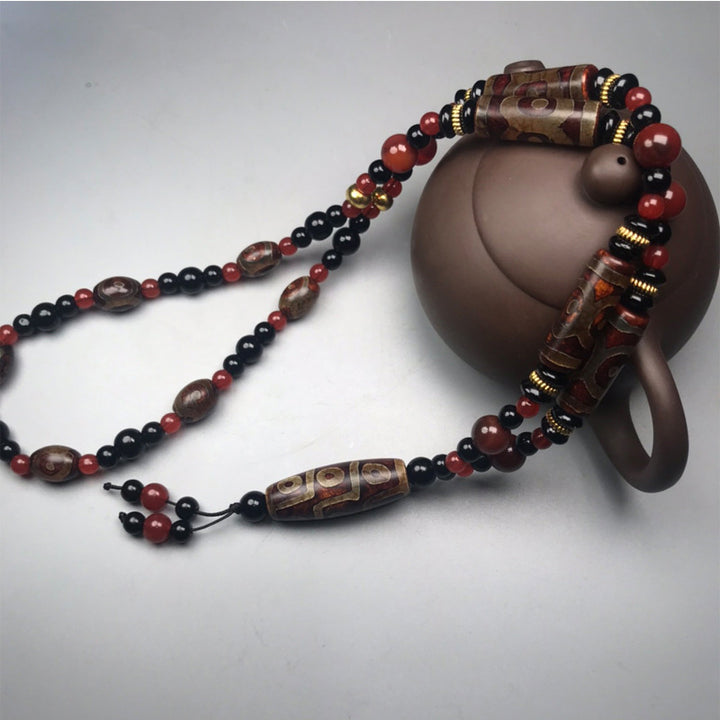 Buddha Stones Nine-Eye Dzi Bead Red Agate Wealth Health Necklace