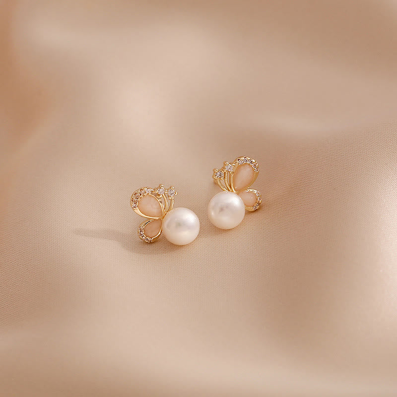 Buddha Stones 18K Gold Pearl Butterfly Love Freedom Stud Earrings