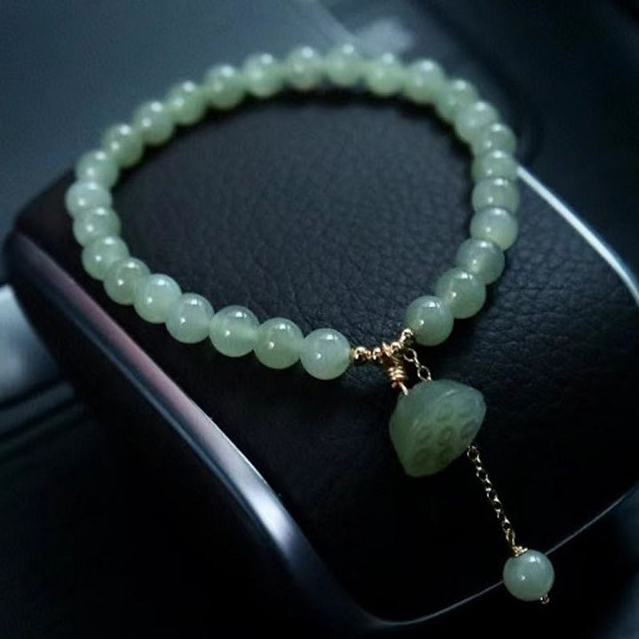 Buddha Stones 925 Sterling Silver Plated Gold Natural Hetian Jade Bead Gourd Lotus Bamboo Fu Character Luck Bracelet