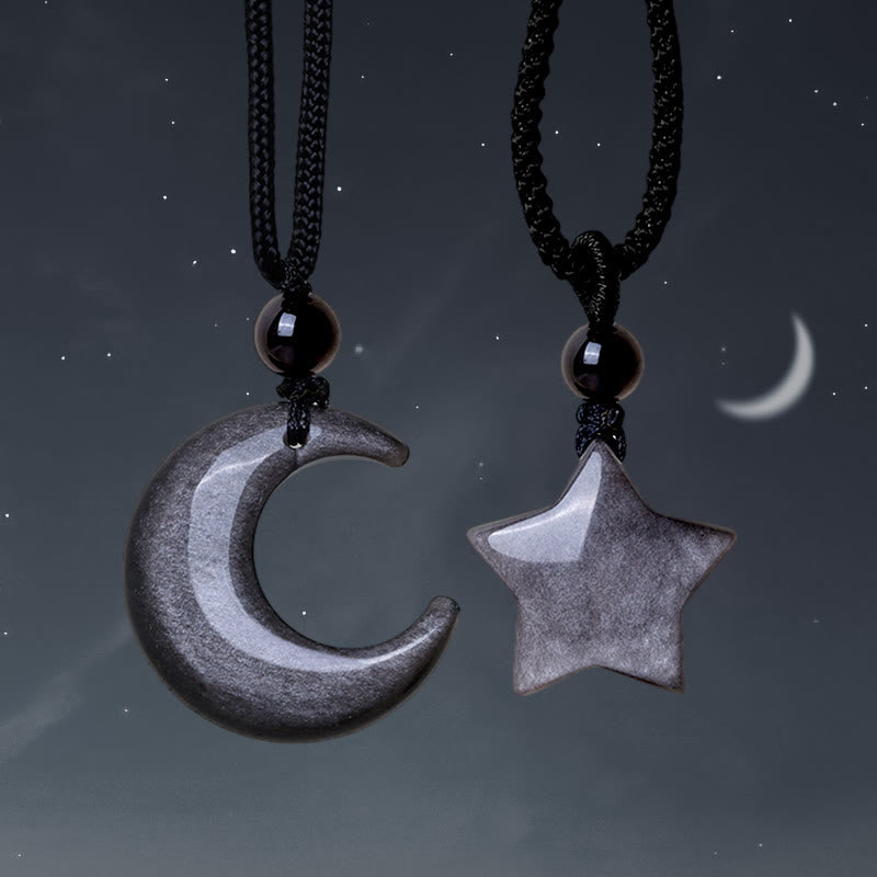 Buddha Stones Natural Silver Sheen Obsidian Star Crescent Moon Protection Necklace Pendant