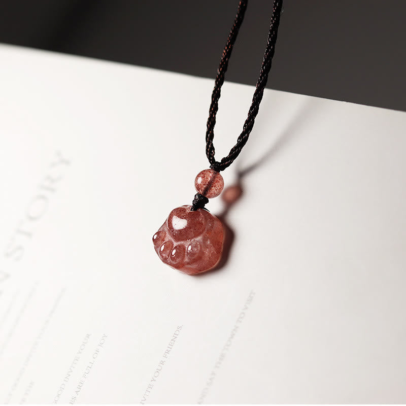 Buddha Stones Strawberry Quartz Lovely Cat Paw Claw Healing Necklace Pendant