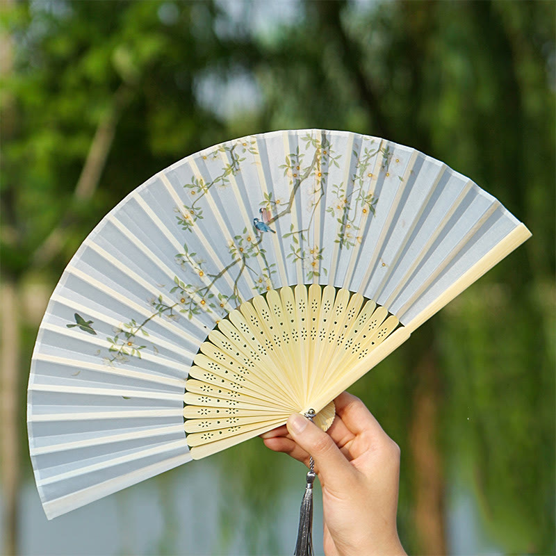 Buddha Stones Classic Birds Singing Flowers Handheld Bamboo Folding Fan