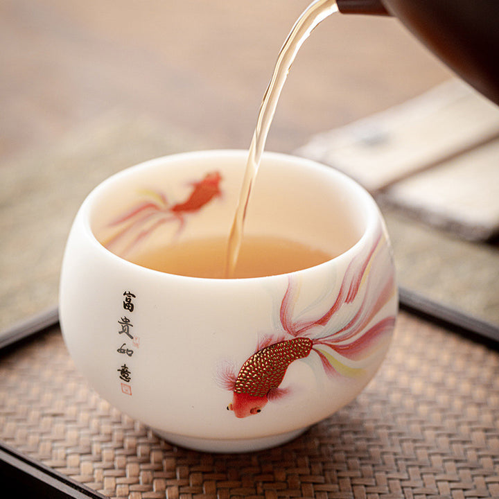 Buddha Stones Koi Fish White Porcelain Ceramic Teacup Kung Fu Tea Cup