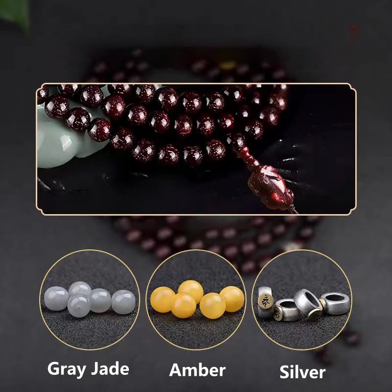 Buddha Stones 108 Mala Beads Chinese Zodiac Natal Buddha Small Leaf Red Sandalwood Gray Jade Protection Bracelet