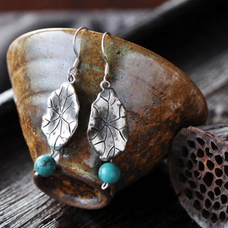 925 Sterling Silver Turquoise Lotus Leaf Protection Drop Dangle Earrings