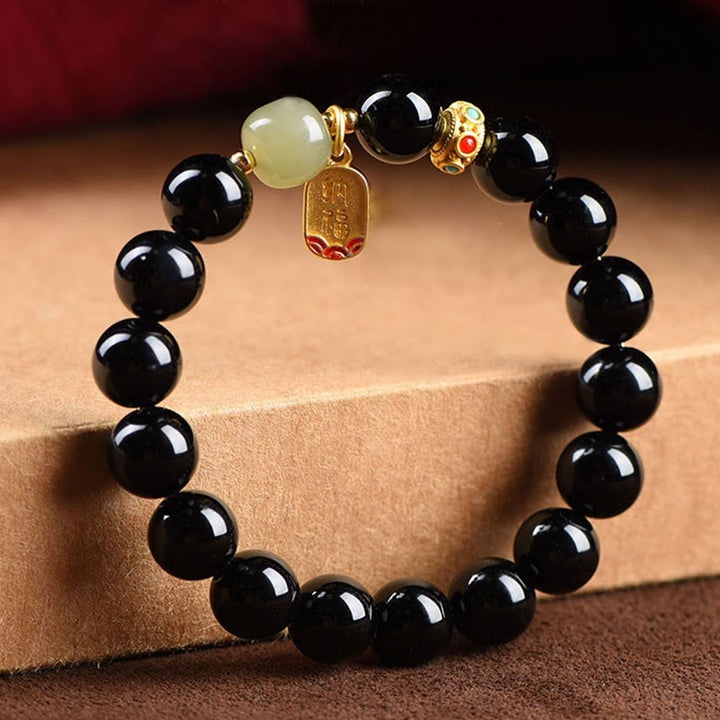 Buddha Stones Black Onyx Hetian Jade Bead Lucky Fortune Charm Bracelet