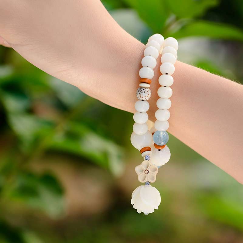 Buddha Stones Tibetan White Jade Bodhi Lotus Blessing Bracelet