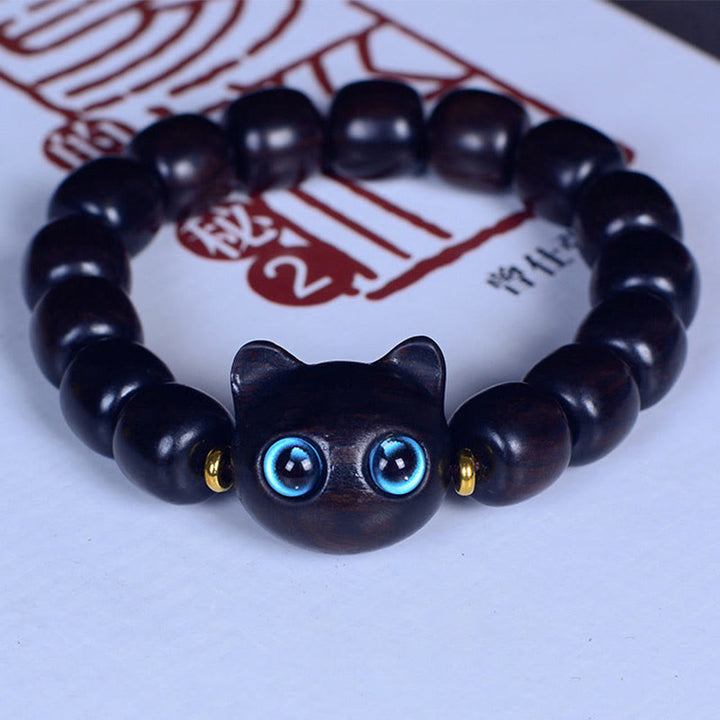 Buddha Stones Ebony Wood Liuli Glass Lovely Cat Peace Balance Bracelet