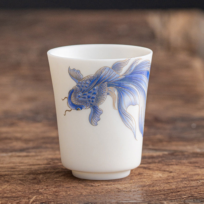 Buddha Stones Koi Fish White Porcelain Ceramic Teacup Kung Fu Tea Cup