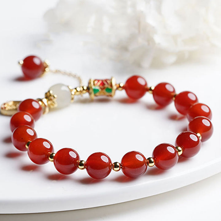 Buddha Stones Natural Red Agate Hetian Jade Fu Character Confidence Charm Bracelet