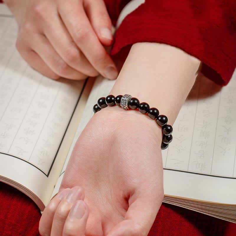 Chinese Zodiac Natal Buddha 925 Sterling Silver Black Obsidian Moonstone Strength Bracelet