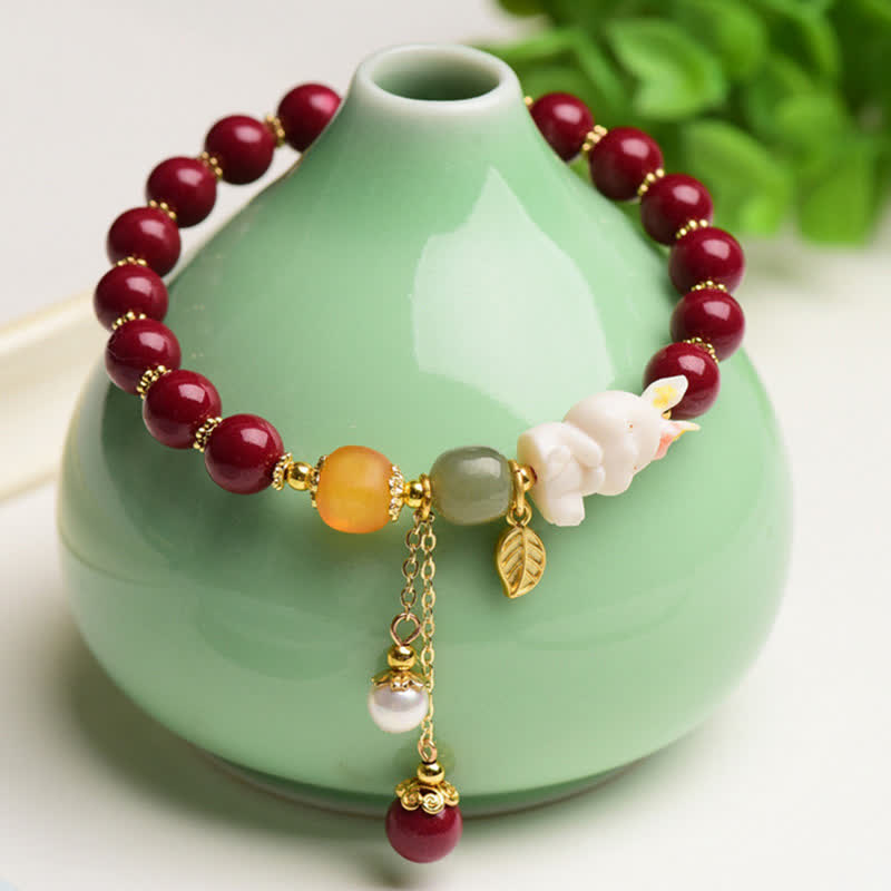 Year of the Rabbit Cinnabar Hetian Jade Bunny Beaded Blessing Bracelet